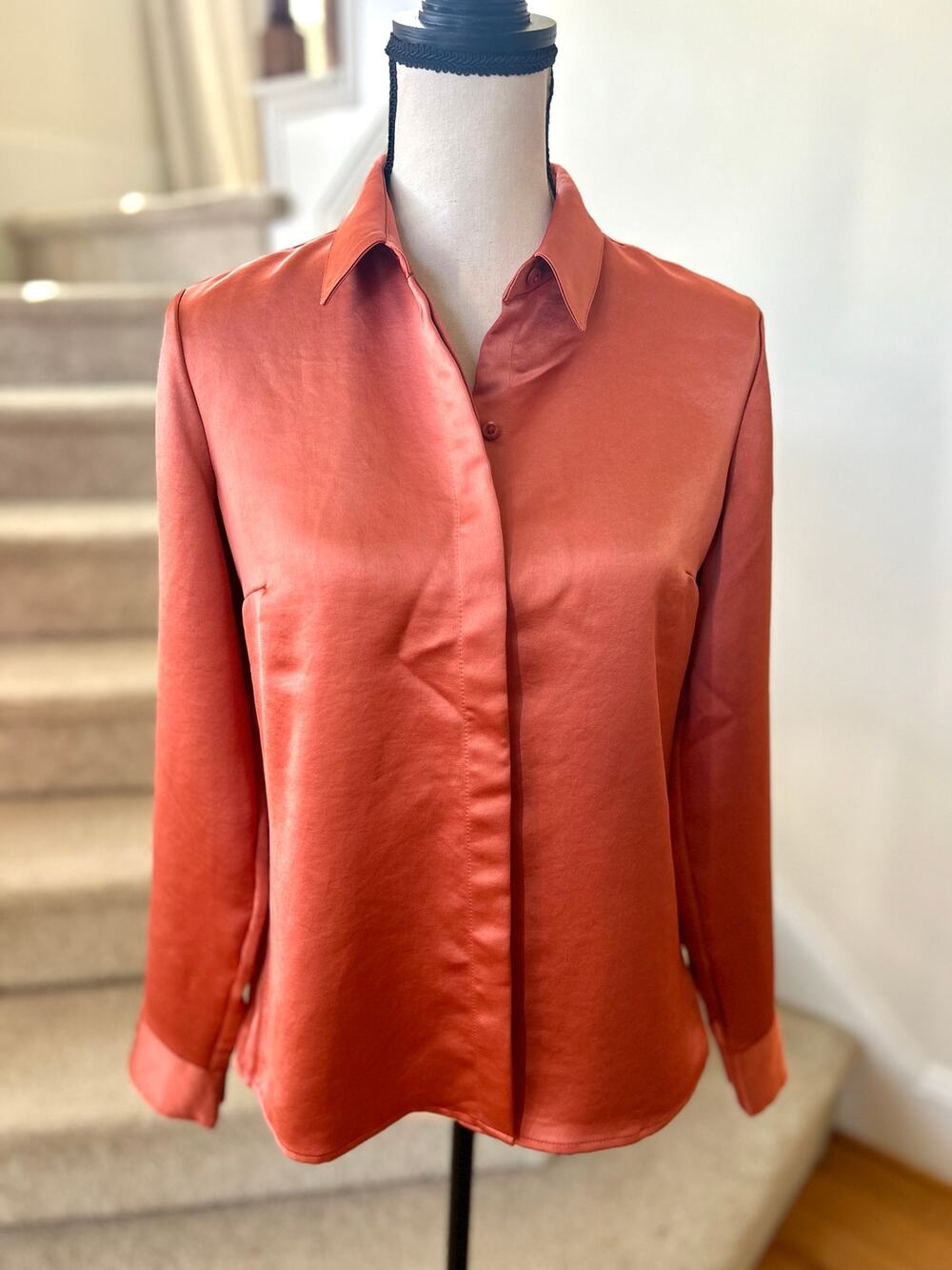 Express Portofino Relaxed Burnt Orange Satin Button Down Blouse